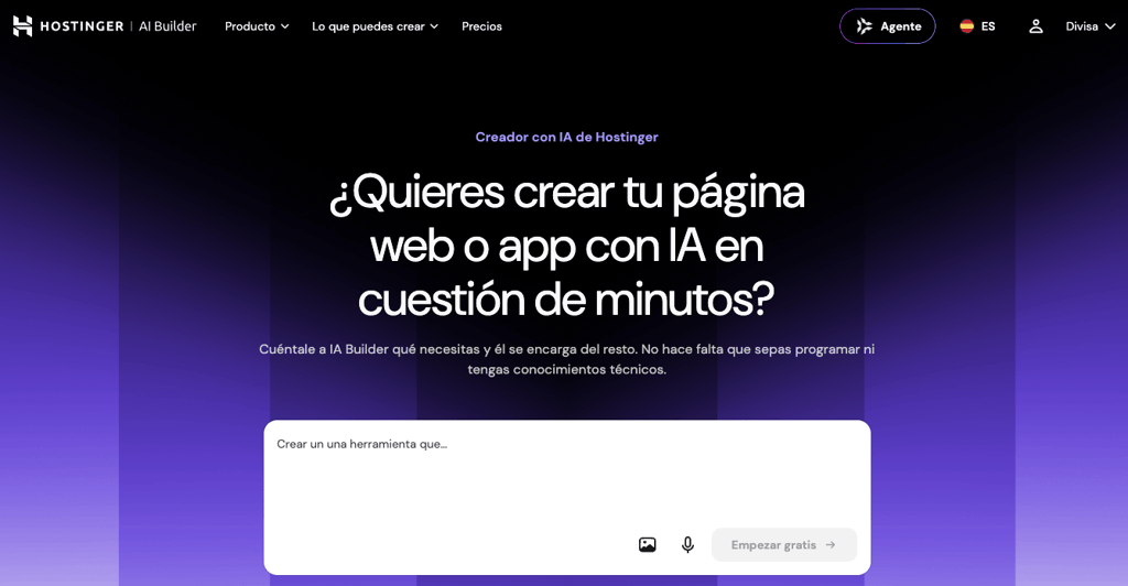 Interfaz del Creador con IA de Hostinger para crear webs y apps web
