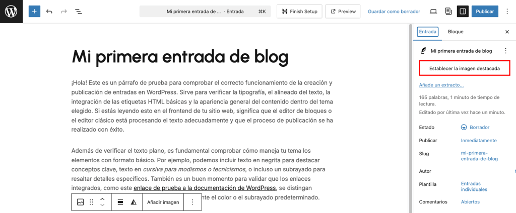 Menú para establecer la imagen destacada en los ajustes de una entrada de WordPress