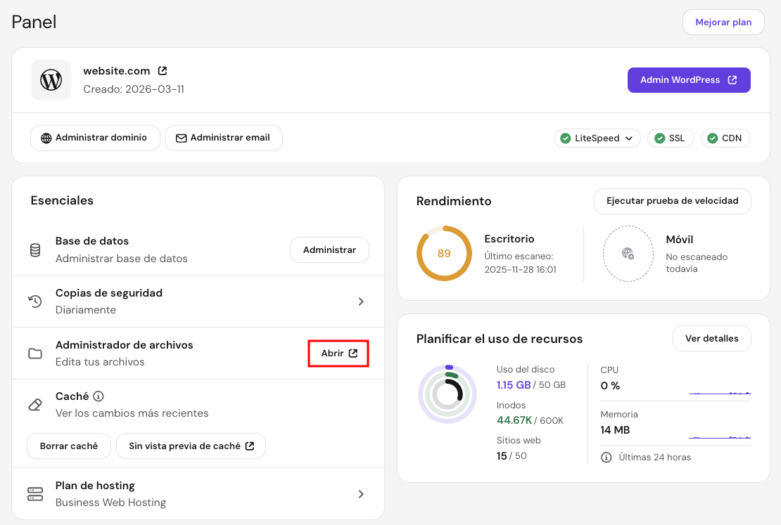 Men&uacute; Administrador de archivos en el panel de control de hPanel