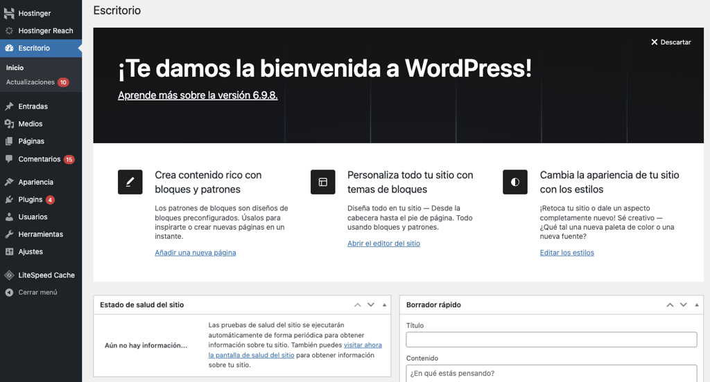 Interfaz del panel de control de WordPress
