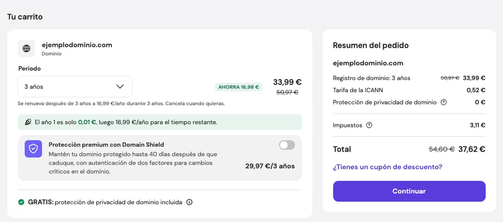 Búsqueda de dominios de Hostinger con dos opciones de precio