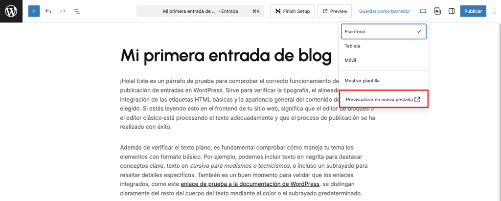 Icono de Vista previa en la barra de herramientas del editor de entradas de WordPress