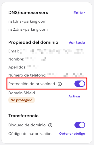 Página de información general del dominio en hPanel con la opción para activar la protección de privacidad resaltada