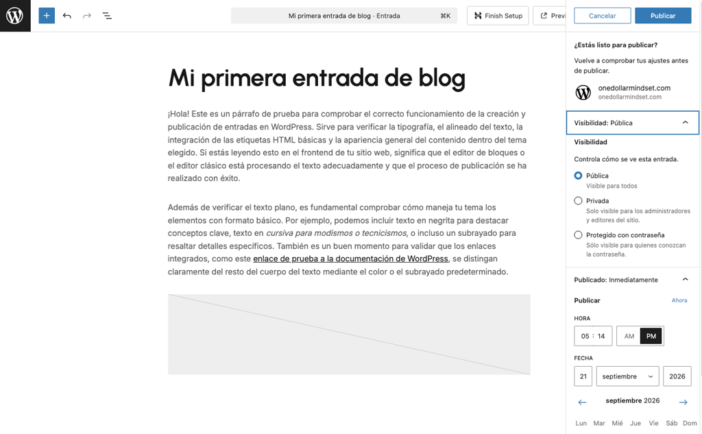 Panel de publicación abierto en el editor de entradas de WordPress