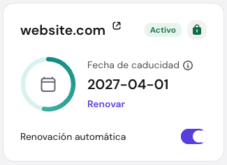 Página de información general del dominio en hPanel con la opción de renovación automática resaltada