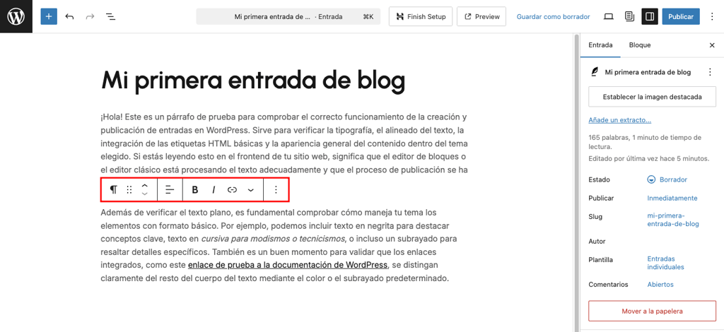 Menú de formato de texto del editor de entradas de WordPress