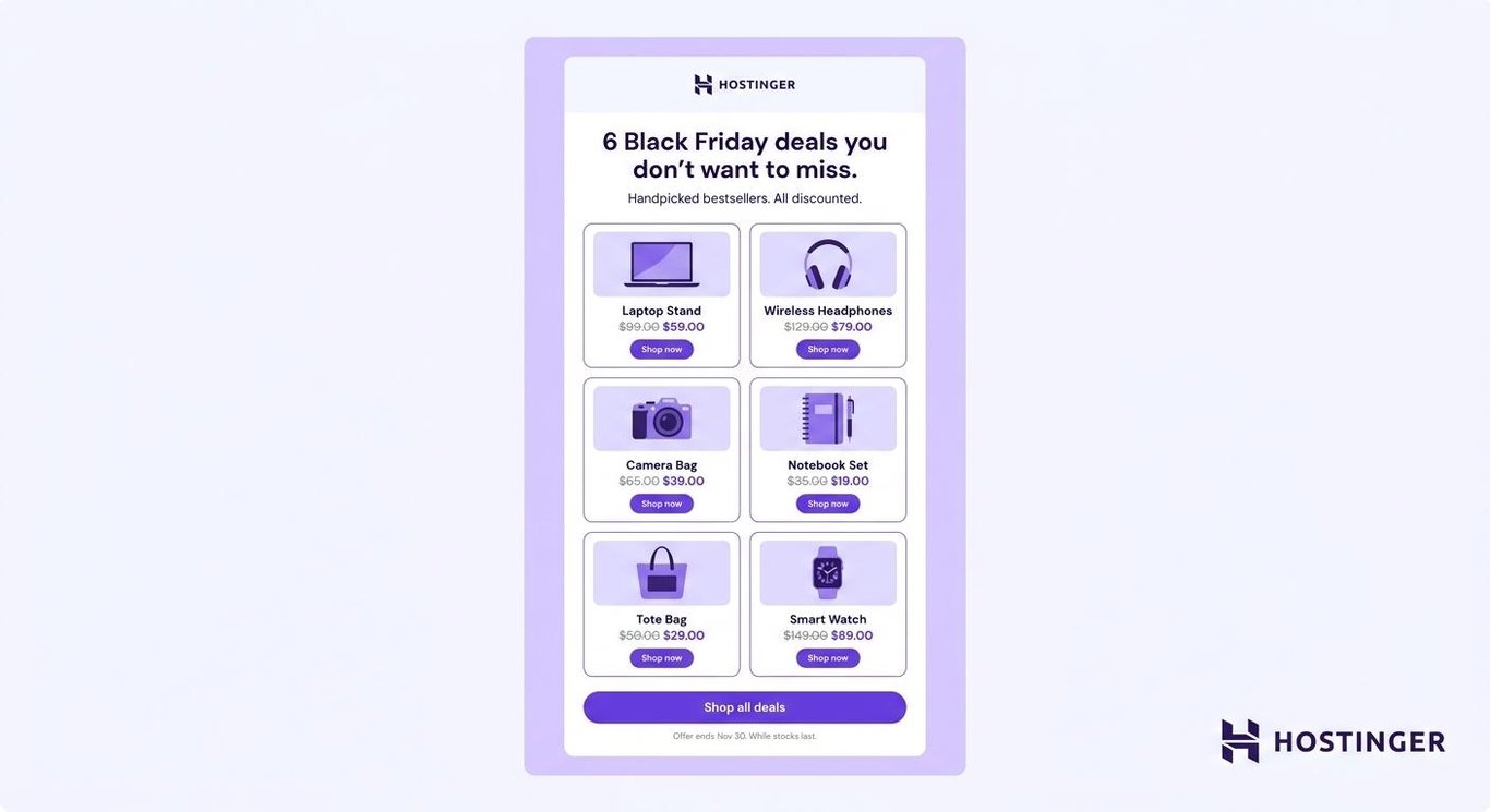 Email de Black Friday con una selección de productos