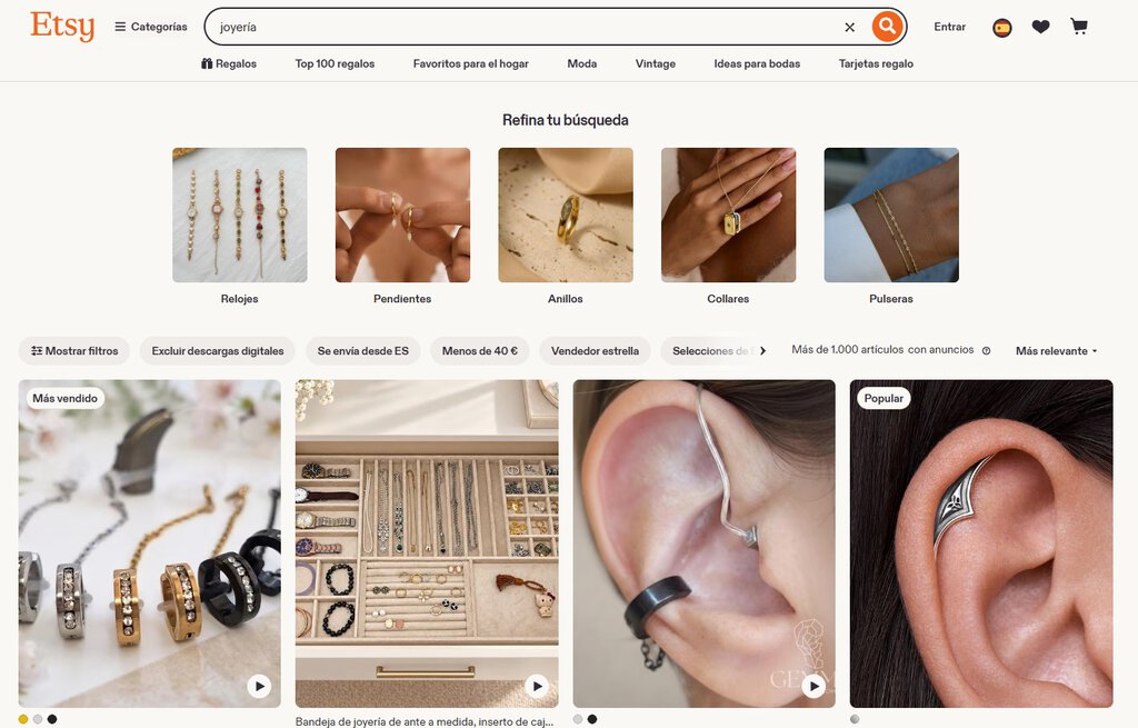 Página de Etsy con distintas joyas a la venta.