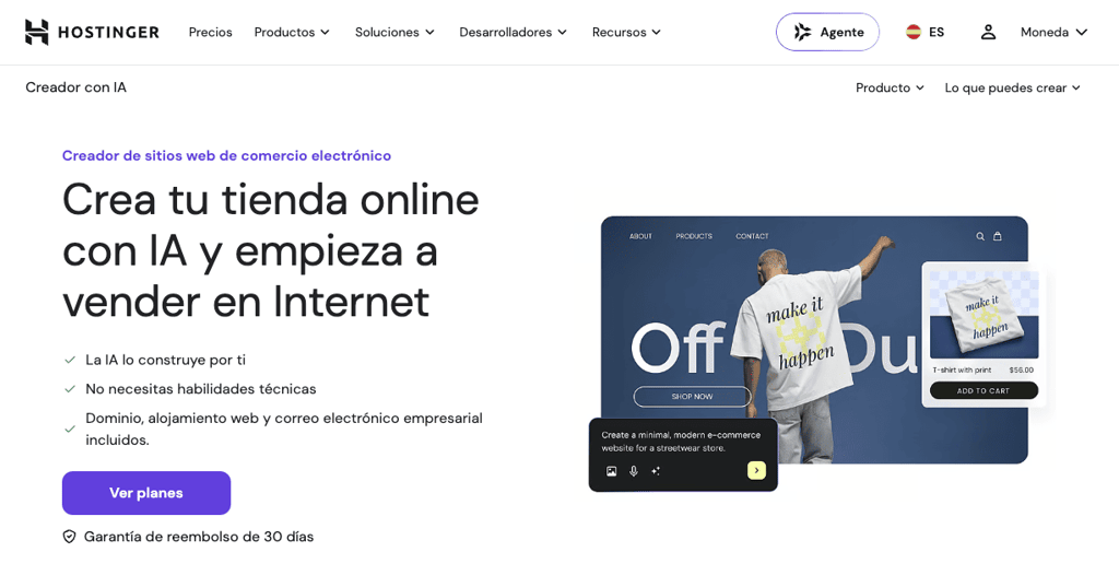 Página de inicio del Creador de tiendas ecommerce de Hostinger
