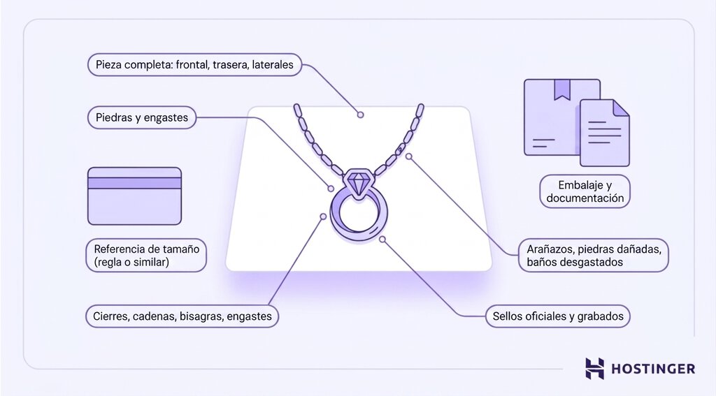 Ilustración vectorial de una joya con siete indicaciones sobre qué fotografiar: la pieza completa, las piedras y los engastes, los cierres y cadenas, los sellos y grabados, los arañazos y desperfectos, el embalaje y la documentación, y una referencia de tamaño.