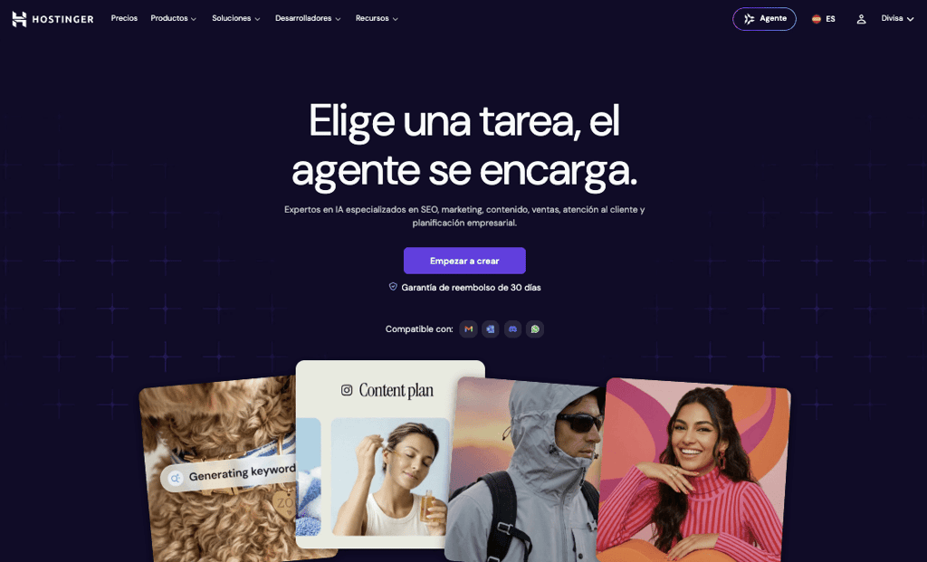 Página de inicio de Hostinger Agents con el titular