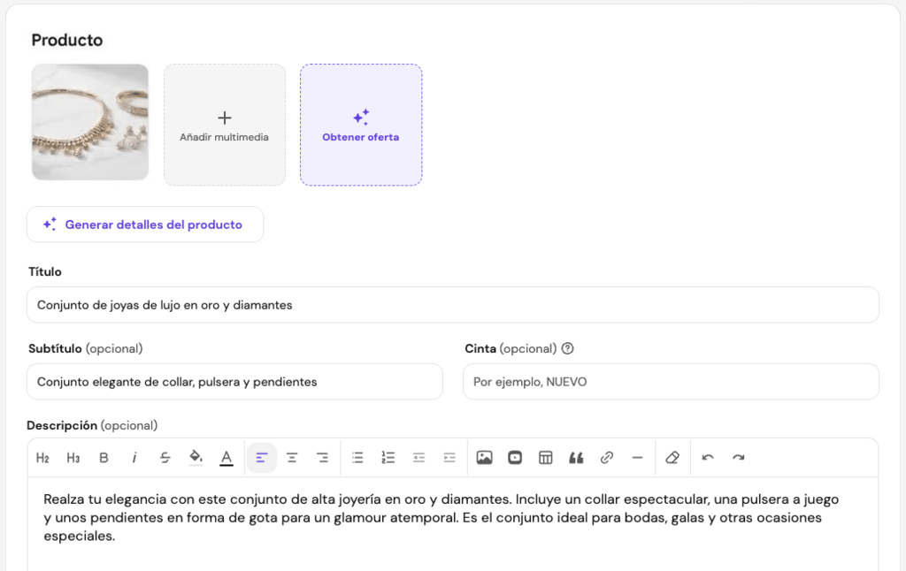 Página de producto de Hostinger Ecommerce con una descripción generada por IA para vender joyas online.
