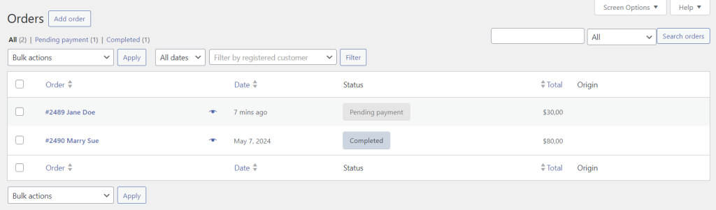 tampilan bagian pesanan di woocommerce
