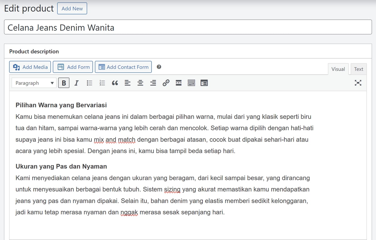 tampilan bagian di woocommerce untuk menambahkan produk baru