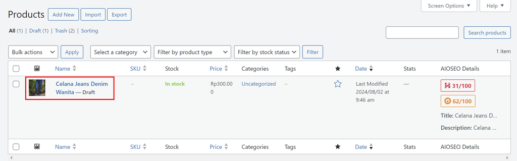 tampilan bagian daftar produk di dashboard woocommerce