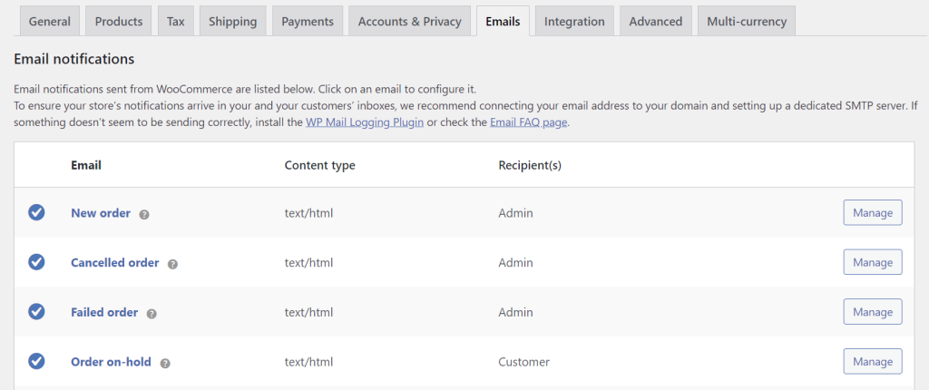 tampilan bagian pengaturan email di woocommerce