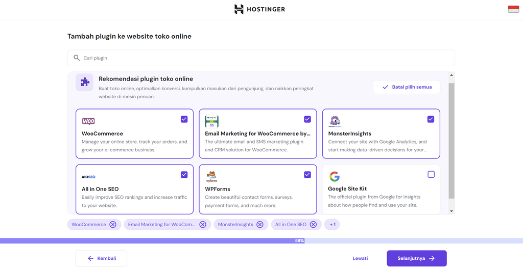 tampilan bagian rekomendasi plugin pada onboarding hpanel