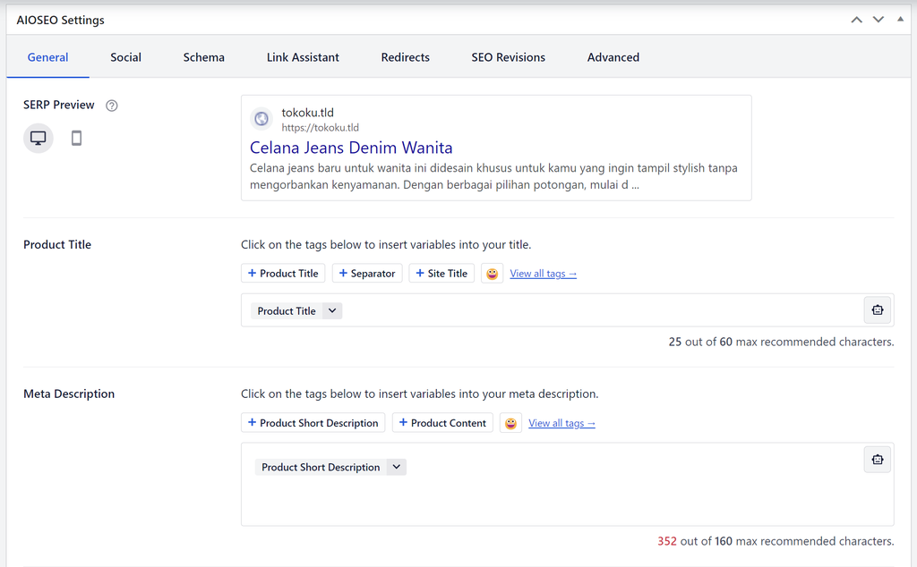 tampilan bagian seo produk aioseo wordpress