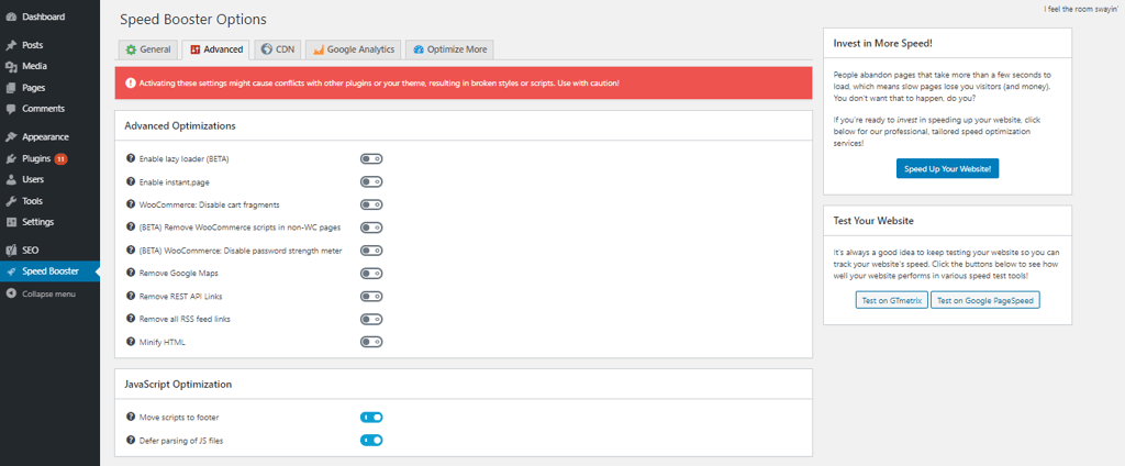 tampilan plugin speed booster menunjukkan bagian opsi javascript
