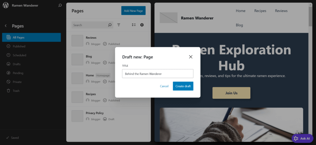 membuat draft halaman baru di wordpress site editor