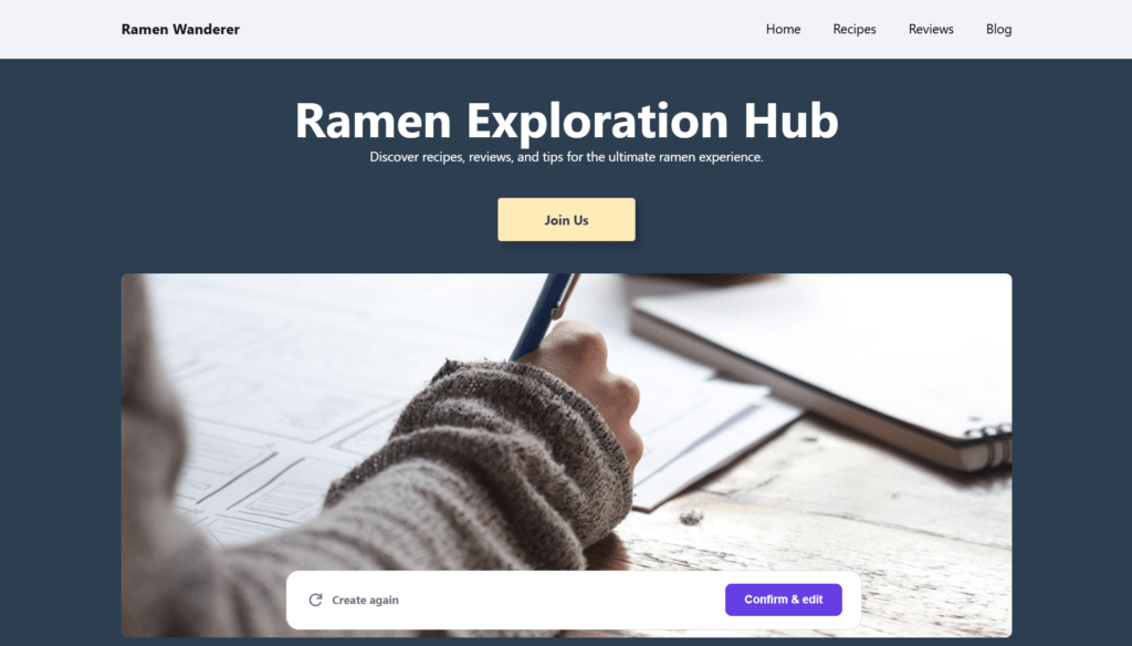 desain awal blog ramen yang dihasilkan ai wordpress builder