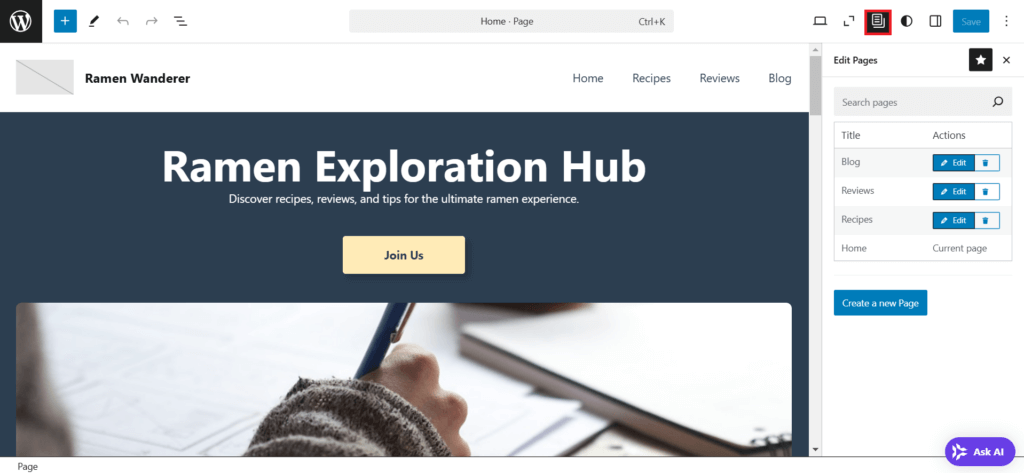 wordpress site editor dengan ikon edit pages yang dipilih