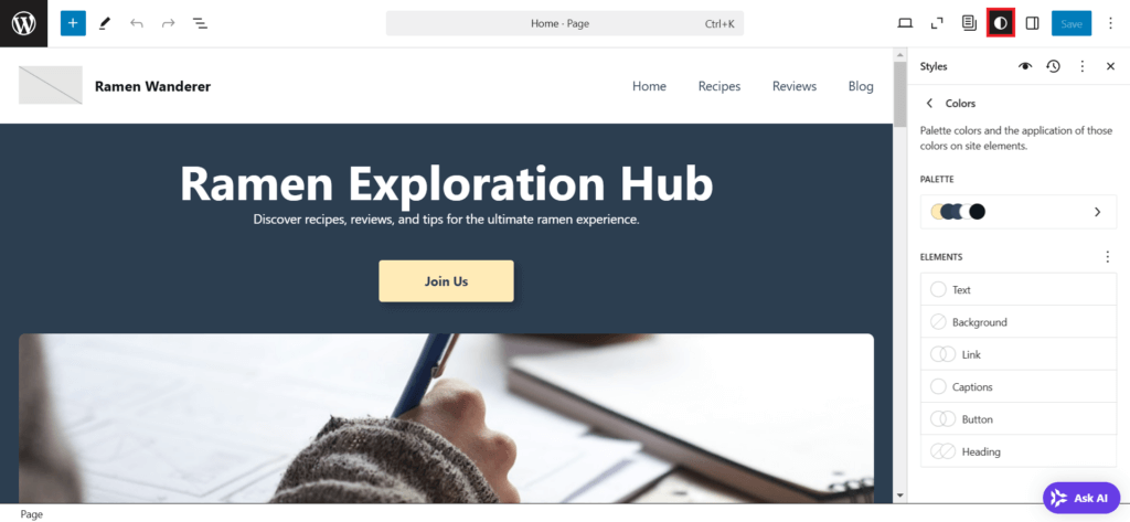 wordpress site editor dengan ikon styles yang dipilih