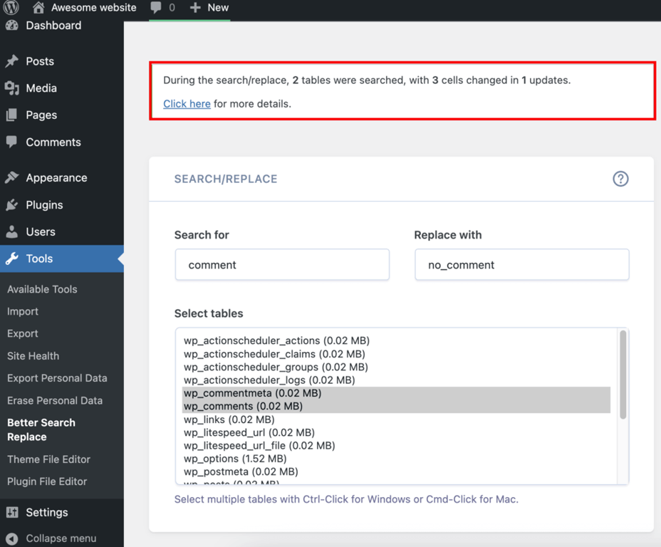 Pesan konfirmasi plugin Better Search Replace setelah berhasil menjalankan search and replace di database WordPress