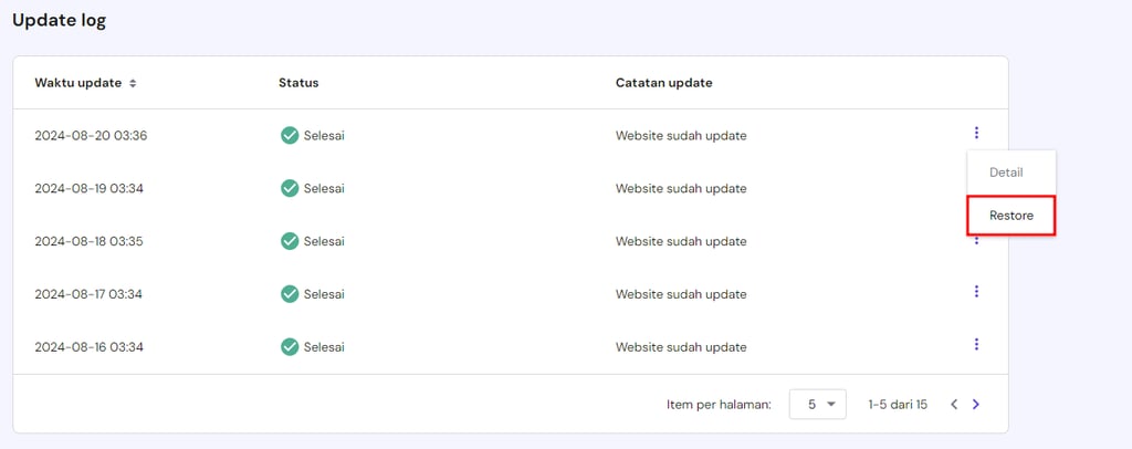 tampilan bagian update log di hpanel dengan tombol restore yang dipilih