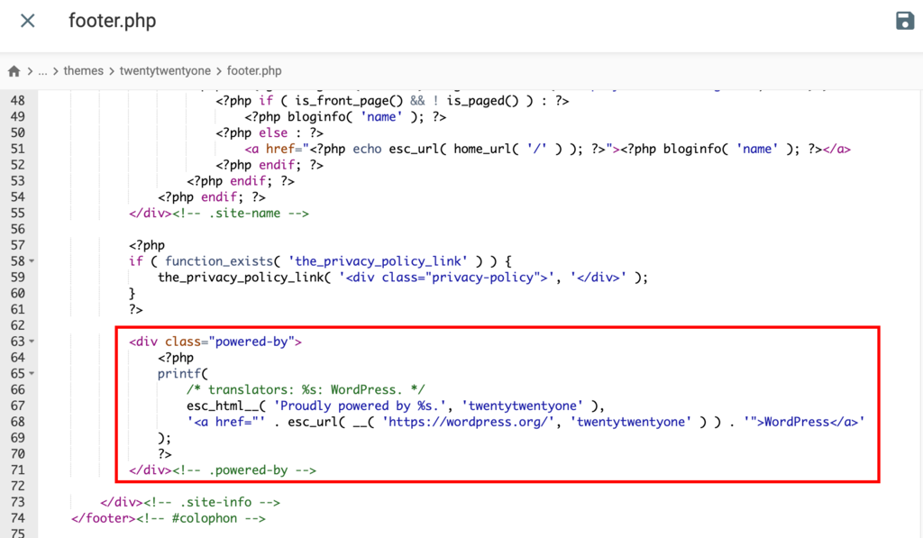 Isi file footer.php. Kode "Didukung oleh" disorot