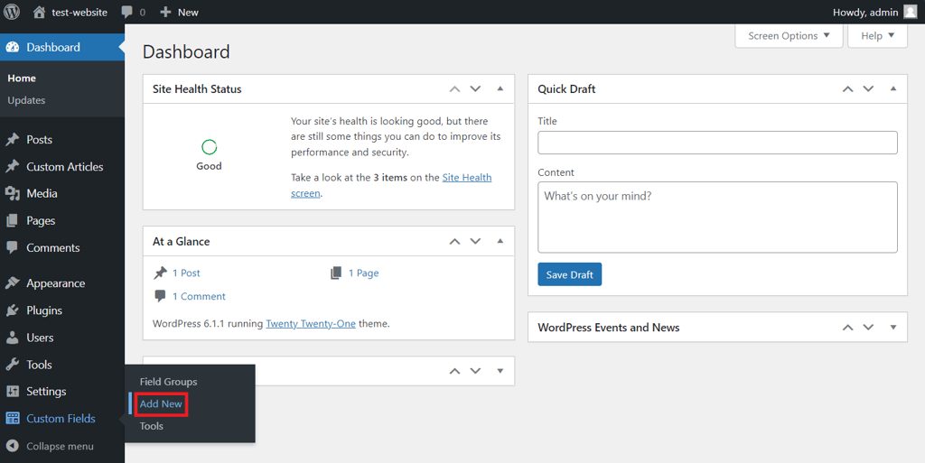 Opsi menambahkan bidang kustom baru di sidebar WordPress