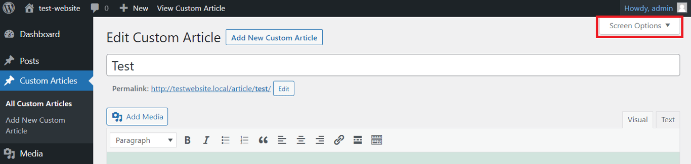 Menu Screen Option yang dipilih di layar editor WordPress