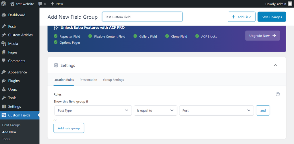 Pengaturan lokasi plugin Advanced Custom Field