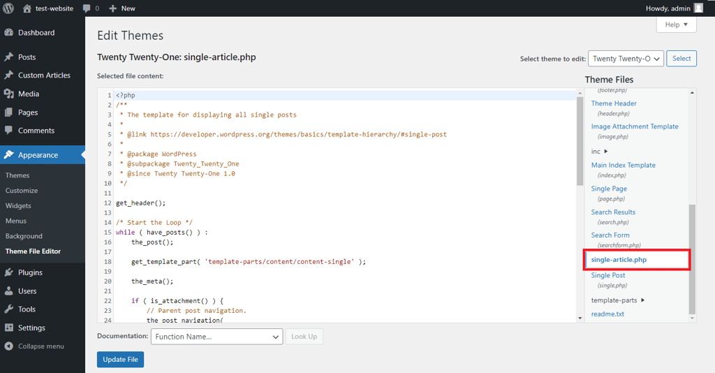 single-article.php di layar editor file tema WordPress