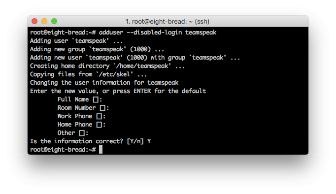 Cara membuat server TeamSpeak 3 dengan membuat sistem user baru di TS3 server terlebih dulu