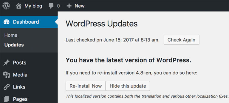 Versi WordPress di Bagian Updates