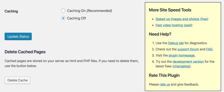 Menu bantuan WP Super Cache