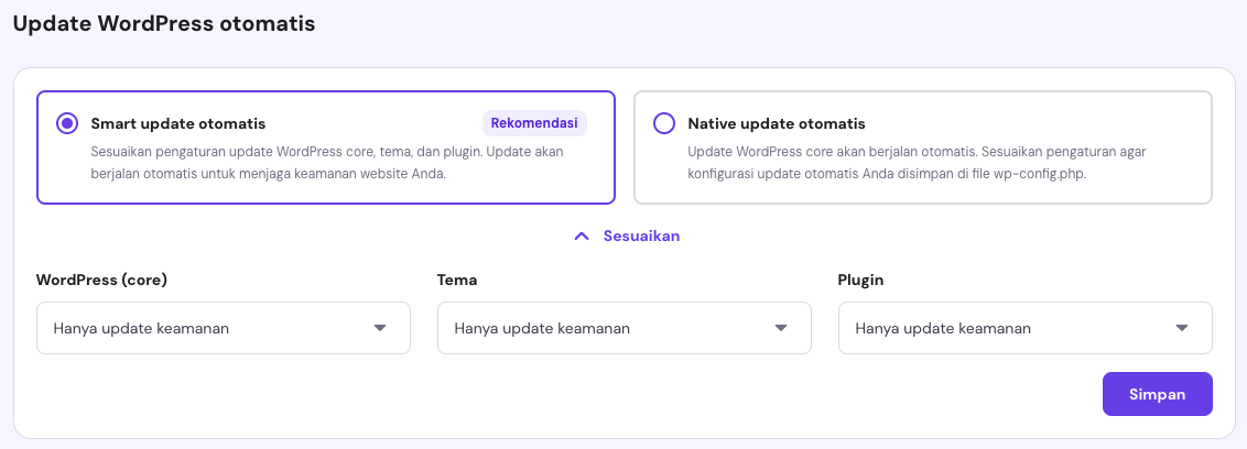 bagian update wordpress otomatis di hpanel dengan opsi smart update otomatis yang dipilih