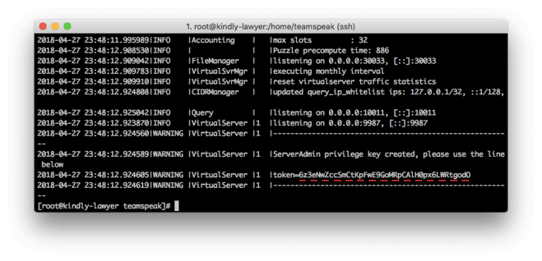 tampilan token server teamspeak 3
