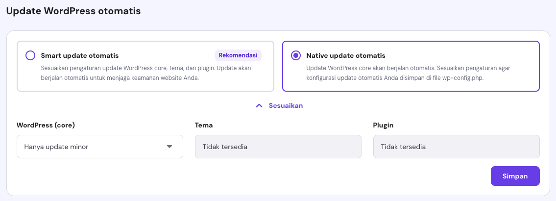 bagian update wordpress otomatis di hpanel dengan opsi native update otomatis yang dipilih