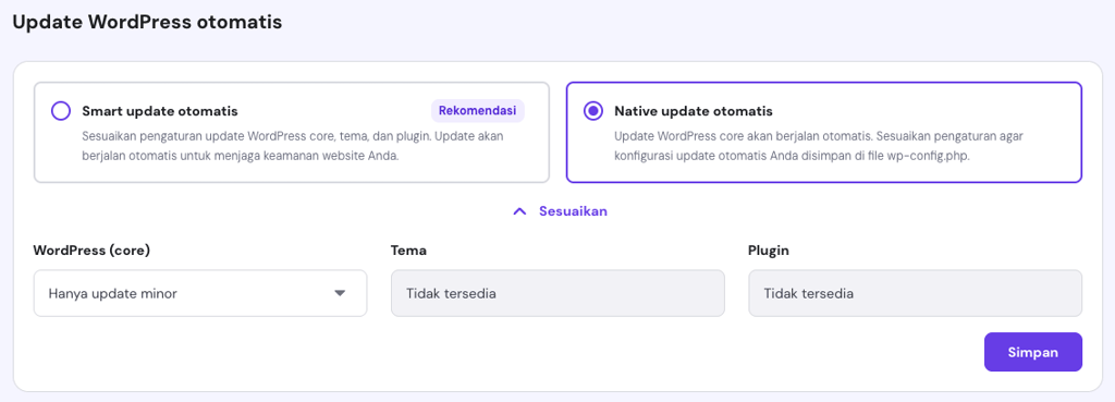 bagian update wordpress otomatis di hpanel dengan opsi native update otomatis yang dipilih