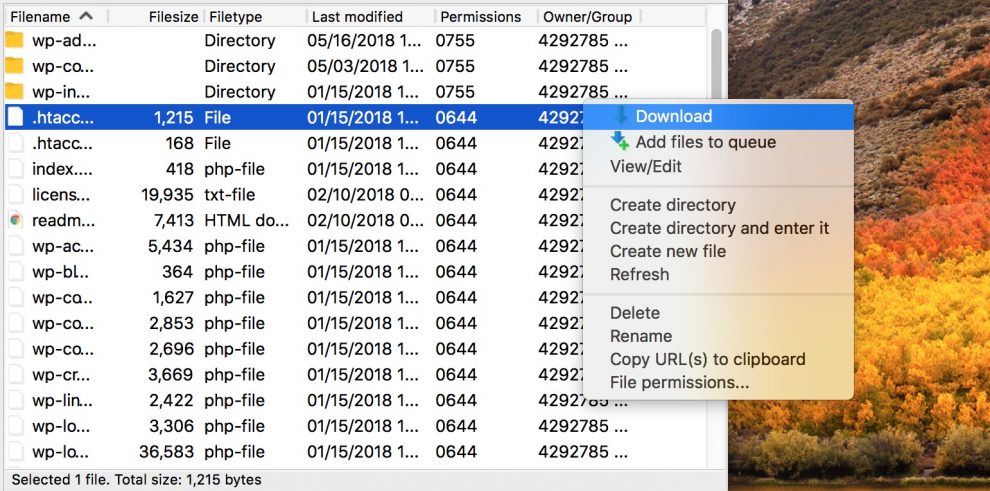 Unduh file .htaccess di FileZilla