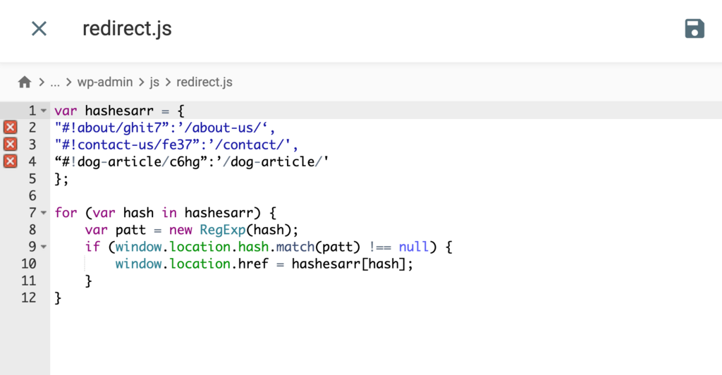 Screenshot file redirect.js yang sedang diedit di File Manager Hostinger