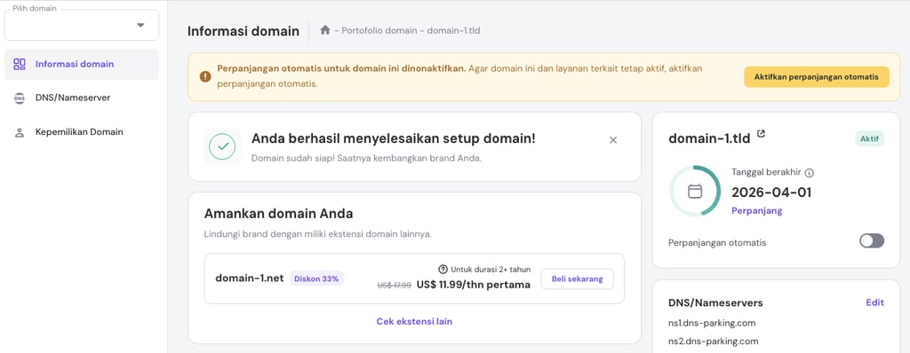 Halaman Informasi domain di hPanel menampilkan informasi pendaftaran dan fitur lainnya