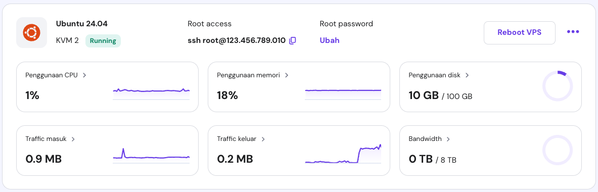 bagian ringkasan vps di hpanel menampilkan detail ssh