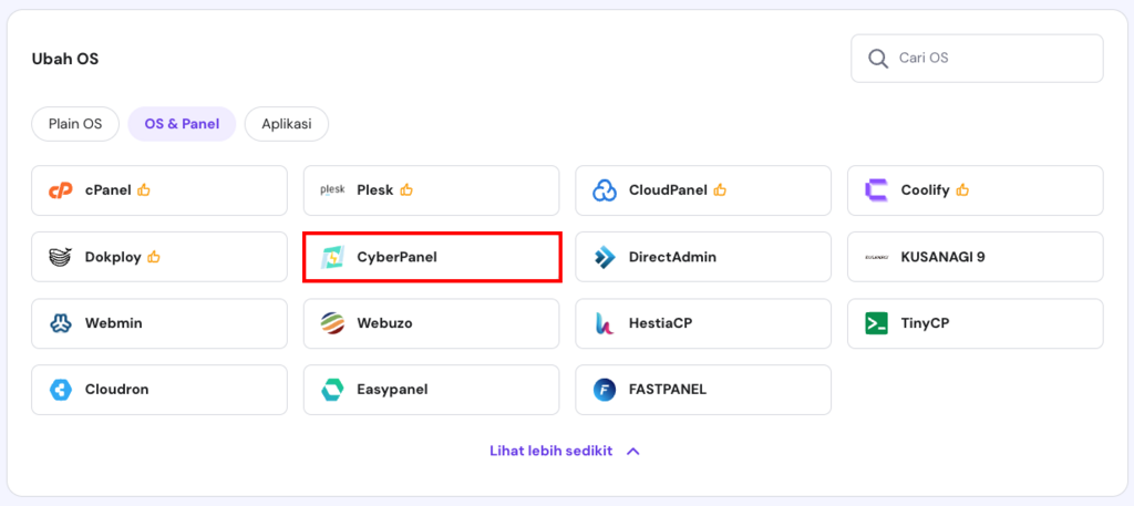 memilih cyberpanel di bagian ubah os vps hpanel