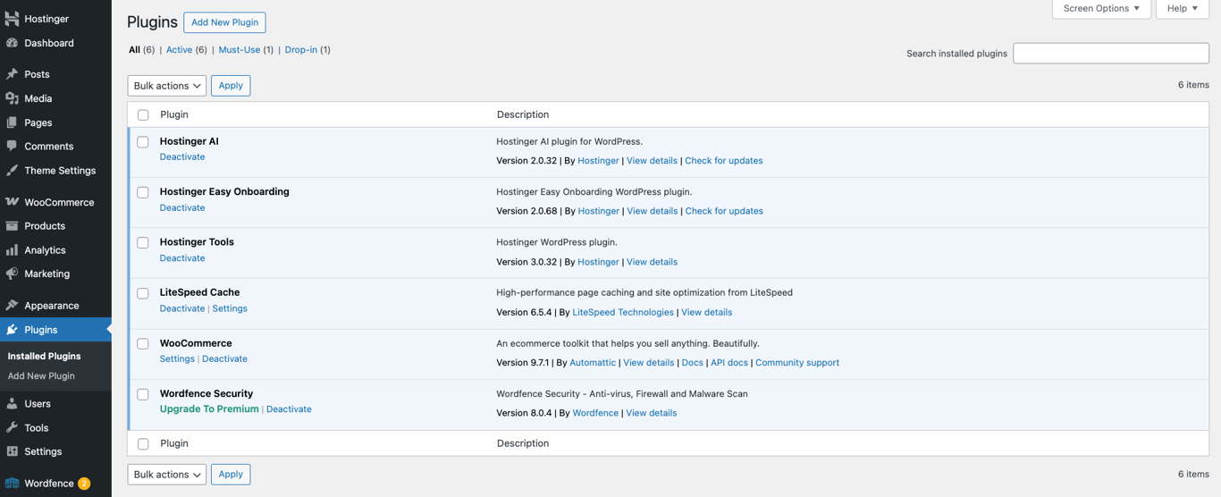 daftar plugin wordpress di dashboard admin