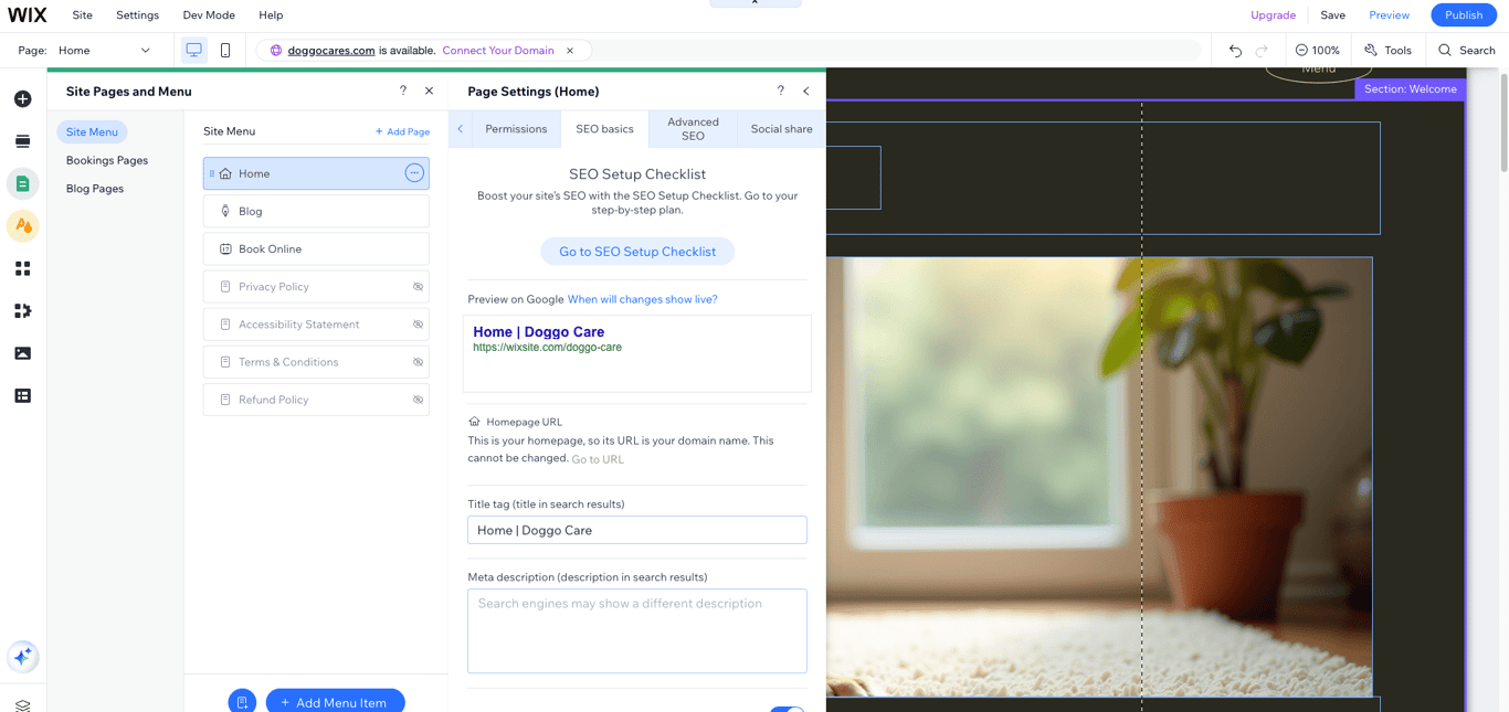 Pengaturan SEO Wix di editor