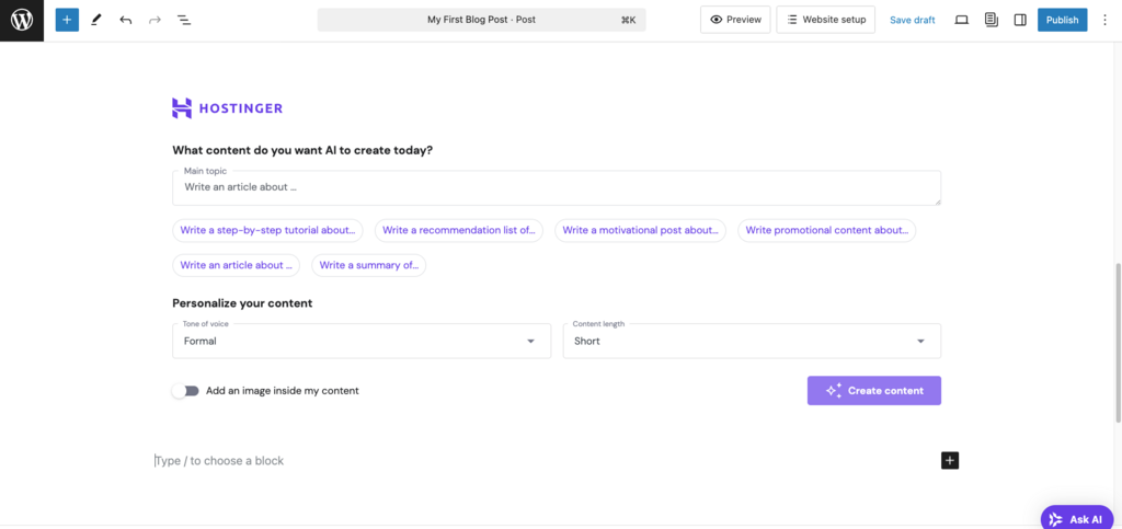Hostinger AI Content Creator di editor postingan WordPress