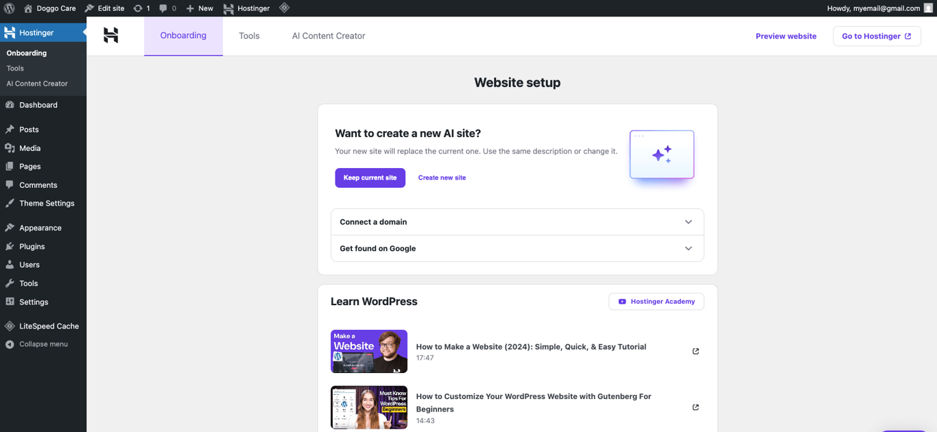 Onboarding WordPress melalui plugin Hostinger